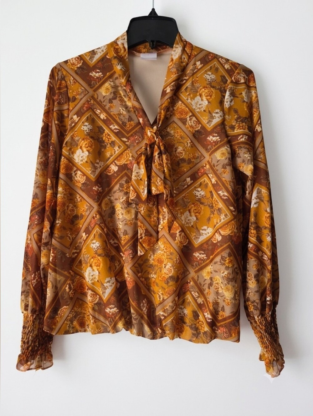Luna Tie-Neck Floral Blouse in Mustard Brown Size S